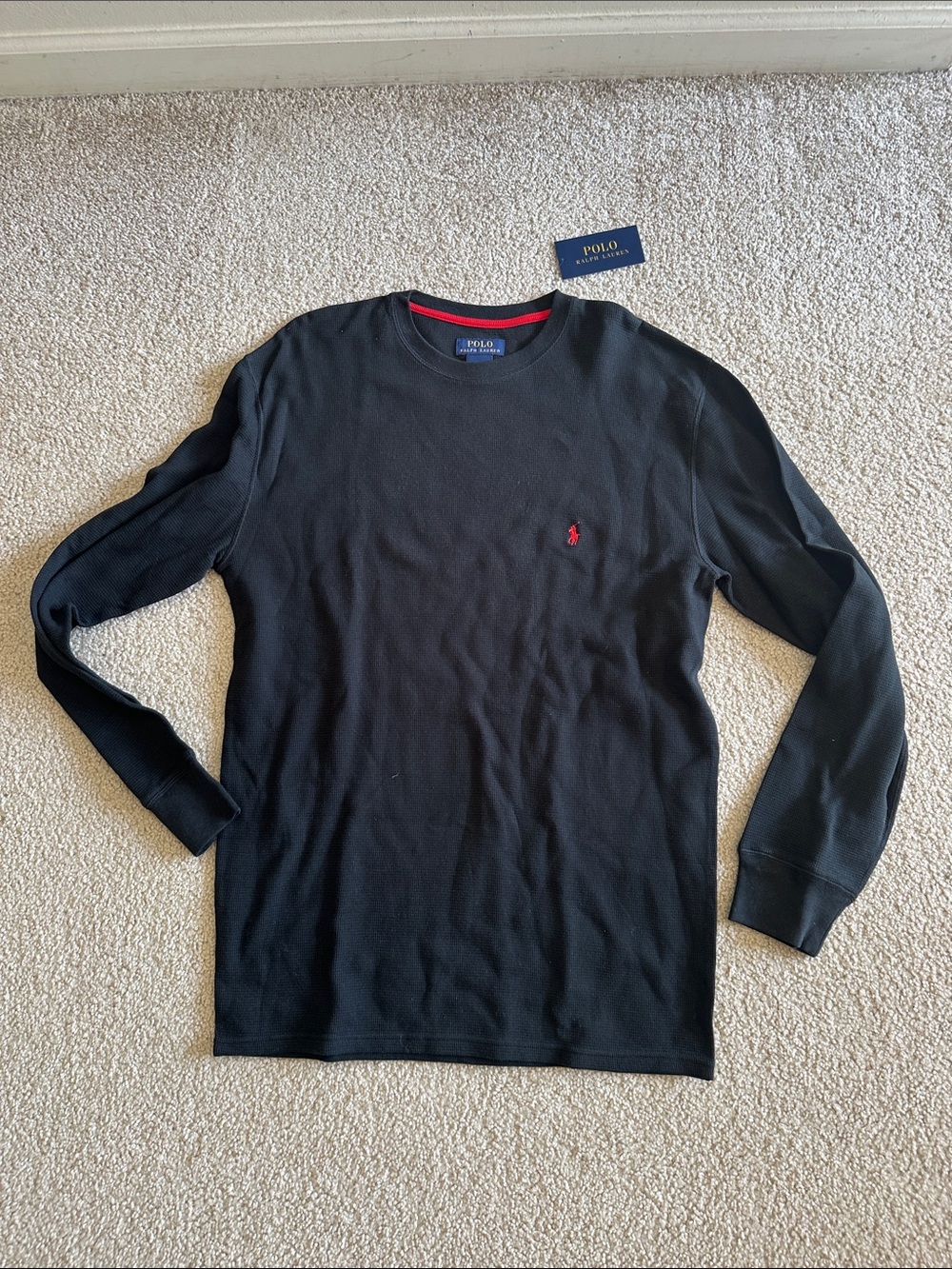 NWT Men’s Polo by Ralph Lauren Black Long-Sleeve Crewneck with Red Pony-XL